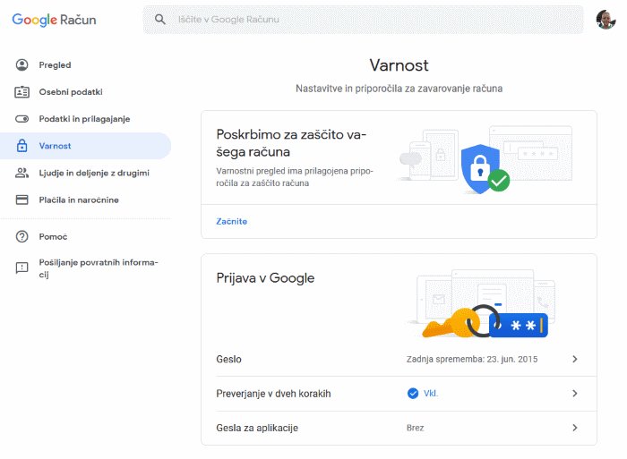 Google račun - Varnost